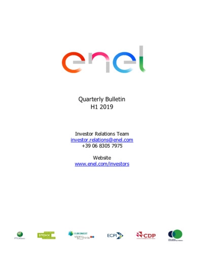 Enel pubblica il report sui dati operativi di gruppo del secondo trimestre e del primo semestre 2019