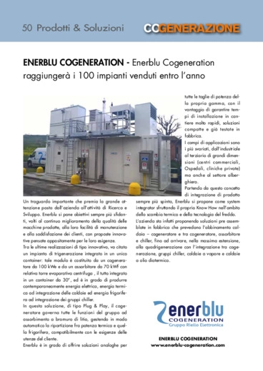 Enerblu Cogeneration raggiunger i 100 impianti venduti entro lanno