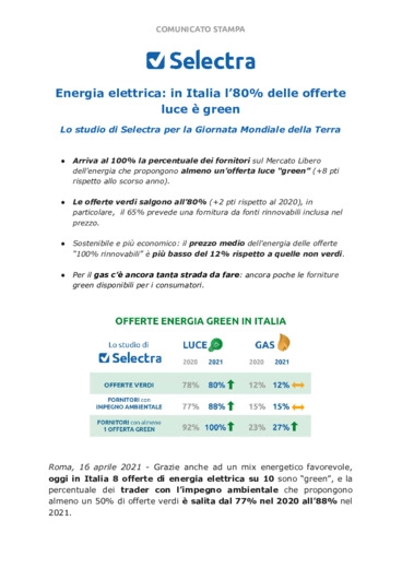 Energia elettrica: in Italia l'80% delle offerte luce  green