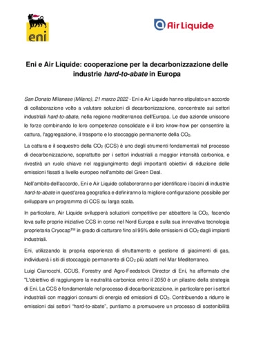 Eni e Air Liquide: cooperazione per la decarbonizzazione delle industrie hard-to-abate in Europa