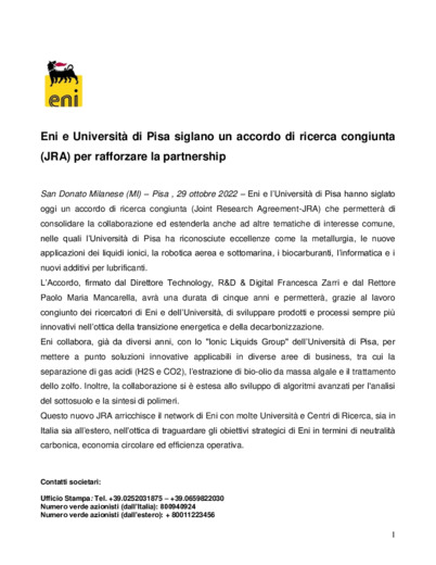 Eni e Università di Pisa siglano un accordo di ricerca congiunta (JRA) per rafforzare la partnership