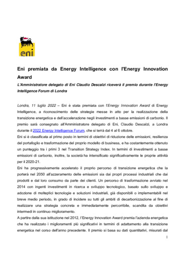Eni premiata da Energy Intelligence con l'Energy Innovation Award