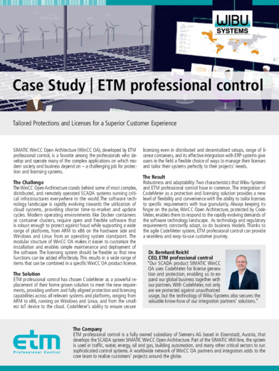 ETM professional control sceglie CodeMeter di Wibu-Systems per la protezione e la gestione licenze della sua piattaforma WinCC Open Architecture