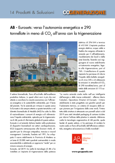 Eurosets: verso l'autonomia energetica e 290 tonnellate in meno di CO2 all'anno con la trigenerazione
