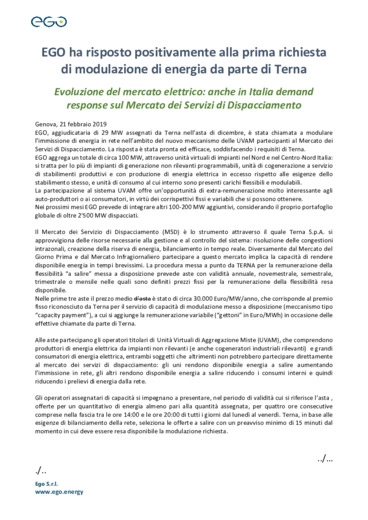 Evoluzione del mercato elettrico: anche in Italia demand<br>response sul Mercato dei Servizi di Dispacciamento