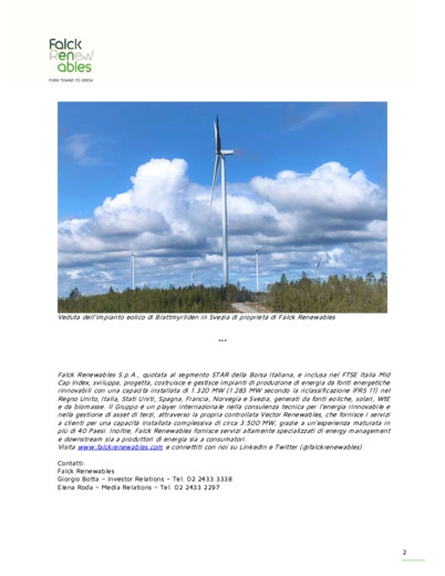 Falck Renewables: entra in esercizio il parco eolico di Brattmyrliden