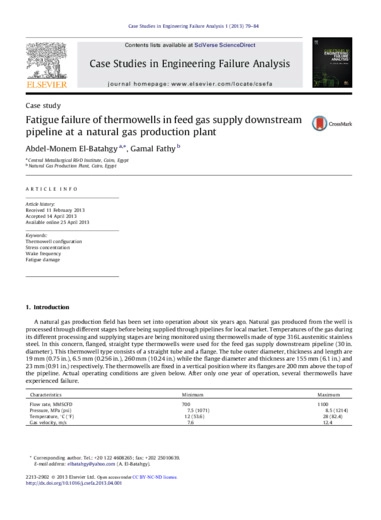 Fatigue failure of thermowells in feed gas supply downstream pipeline at a natural gas production plant