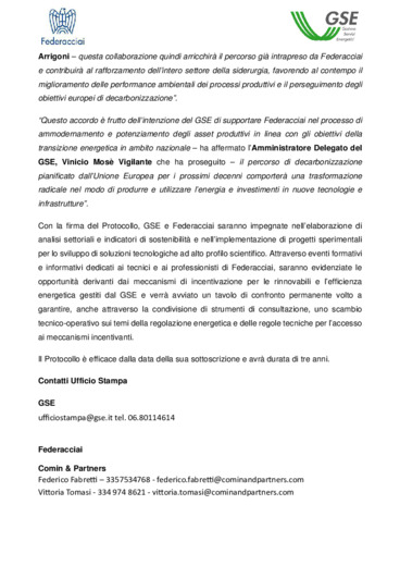 Firmato il protocollo d'intesa tra GSE e Federacciai per la decarbonizzazione della filiera siderurgica italiana