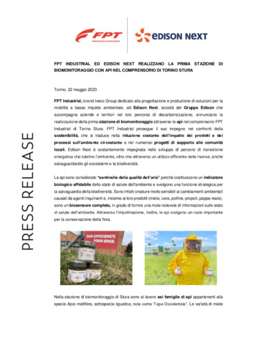 FPT Industrial ed Edison Next realizzano la prima stazione di biomonitoraggio con api nel comprensorio di Torino Stura