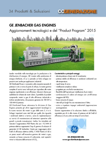 GE JENBACHER GAS ENGINES. Aggiornamenti tecnologici e del Product Program 2015