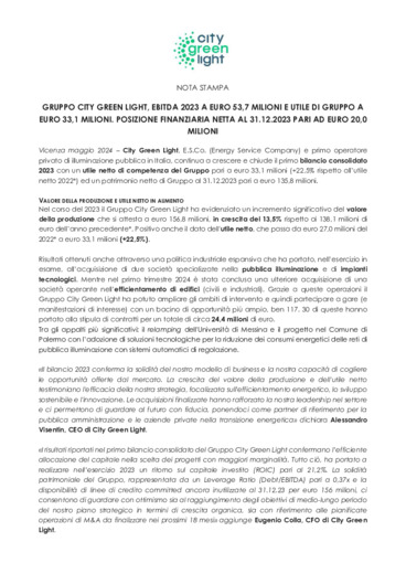 Gruppo Cty Green Light, ebitda 2023 a euro 53,7 milioni e utile di gruppo a Euro 33,1 milioni