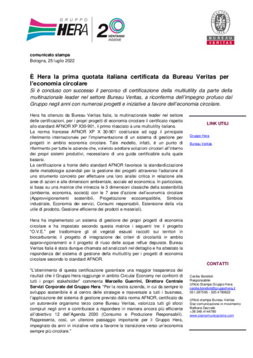 Gruppo Hera è la prima quotata italiana certificata da Bureau Veritas per l'economia circolare