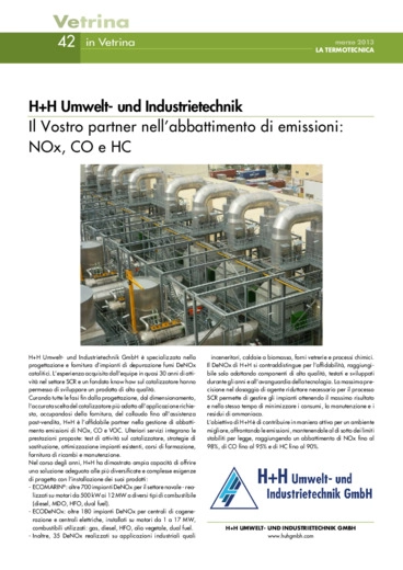 H+H Umwelt- und Industrietechnik. Il Vostro partner nell'abbattimento di emissioni: NOx, CO e HC