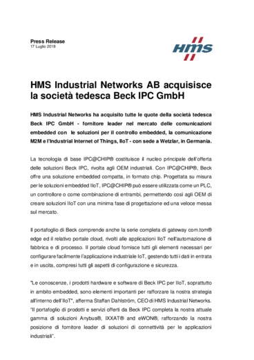 HMS Industrial Networks AB acquisisce la societ tedesca Beck IPC GmbH