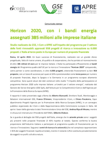Horizon 2020, con i bandi energia assegnati 385 milioni alle imprese italiane