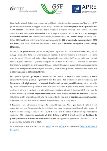 Horizon 2020, con i bandi energia assegnati 385 milioni alle imprese italiane