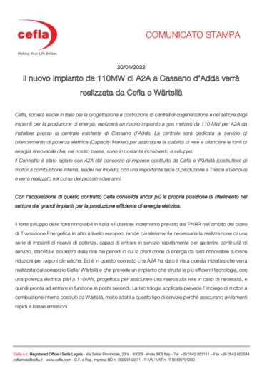 Il nuovo impianto da 110MW di A2A a Cassano d'Adda verrà realizzata da Cefla e Wärtsilä