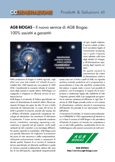 Il nuovo service di AGB Biogas: 100% assistiti e garantiti