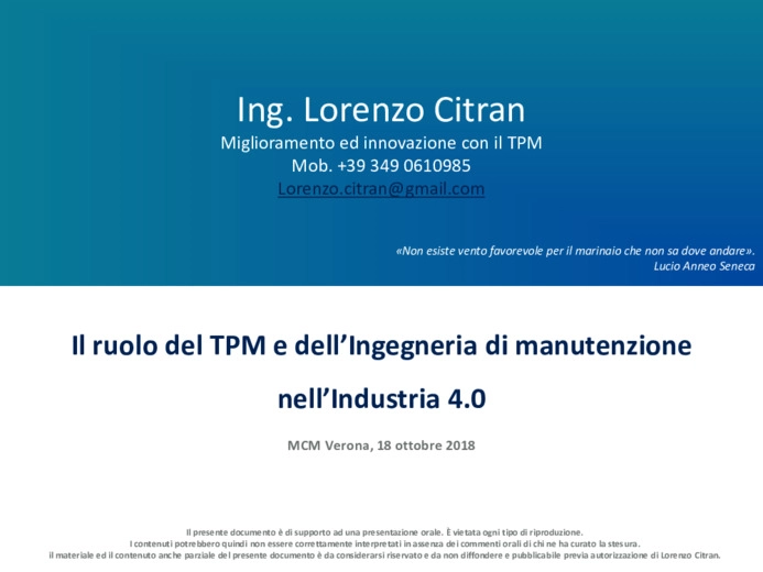Il ruolo della TPM nella ingegneria manutenzione e nella Manutenzione 4.0