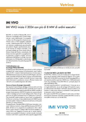 IMI VIVO inizia il 2024 con pi di 8 MW di ordini esecutivi