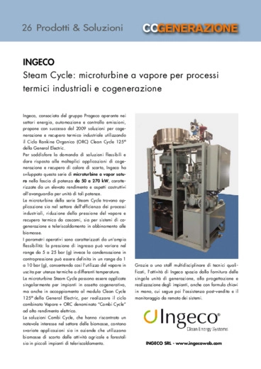 INGECO. Steam Cycle: microturbine a vapore per processi termici industriali e cogenerazione
