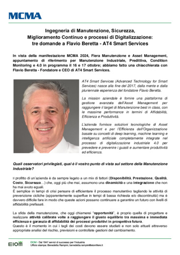 Ingegneria di Manutenzione, Sicurezza, Miglioramento Continuo e processi di Digitalizzazione:<br>tre domande a Flavio Beretta - AT4 Smart Services