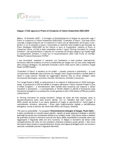 Italgas: il CdA approva il Piano di Creazione di Valore Sostenibile 2022-2028