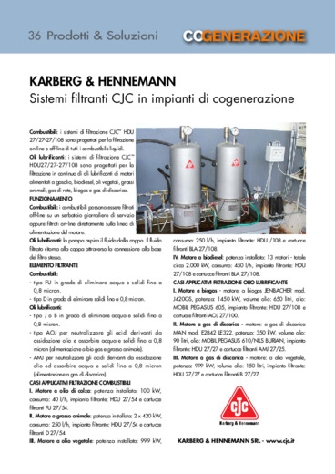 Karberg & Hennemann. Sistemi filtranti cjc in impianti di cogenerazione