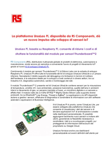 La piattaforma UrsaLeo Pi, disponibile da RS Components, d un nuovo impulso allo sviluppo di sensori IoT