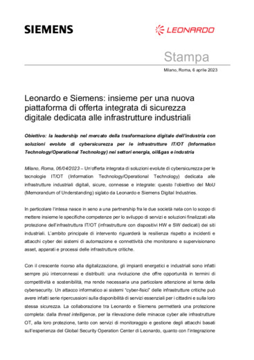 Leonardo e Siemens: insieme per una nuova piattaforma di offerta integrata di sicurezza digitale dedicata alle infrastrutture industriali