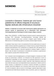 Leonardo e Siemens: insieme per una nuova piattaforma di offerta integrata di sicurezza digitale dedicata alle infrastrutture industriali