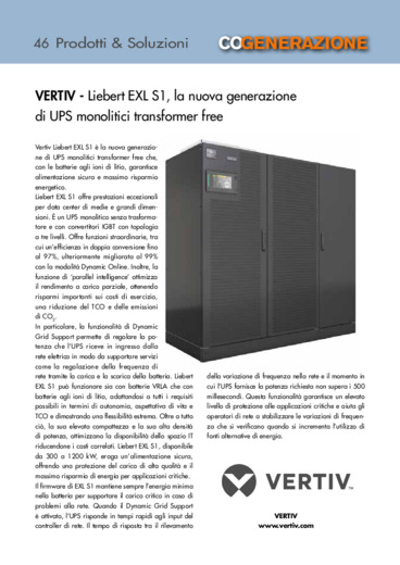 Liebert EXL S1, la nuova generazione di UPS monolitici transformer free