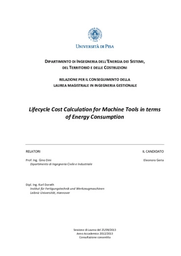 Lifecycle cost calculation for machine tools in terms of energy consumption