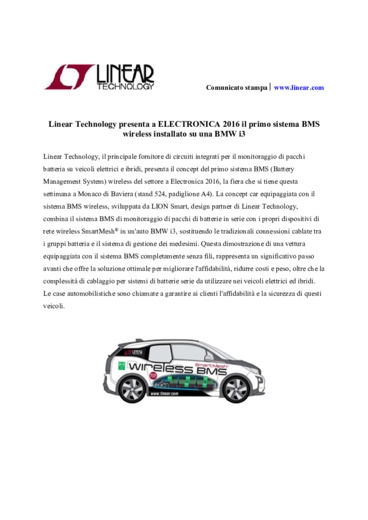 Linear Technology presenta a ELECTRONICA 2016 il primo sistema BMS wireless installato su una BMW i3