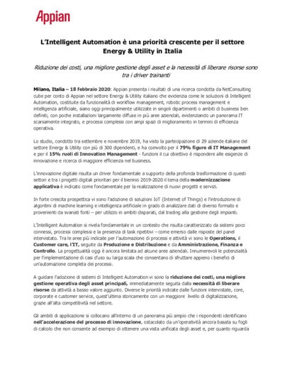 L'Intelligent Automation  una priorit crescente per il settore Energy & Utility in Italia