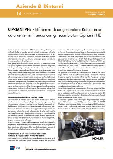 Efficienza di un generatore Kohler in un data center in Francia con gli scambiatori Cipriani PHE