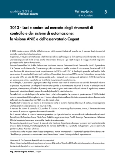 2013 - Luci e ombre sul mercato degli strumenti di controllo e dei sistemi di automazione: la visione ANIE e Cogent