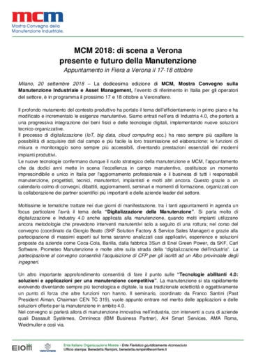 MCM 2018: di scena a Verona presente e futuro della Manutenzione