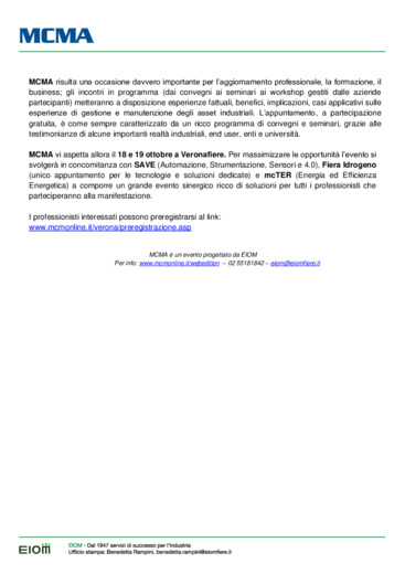 MCMA Verona: la grande manifestazione sulla Manutenzione Industriale e l'Asset Management
