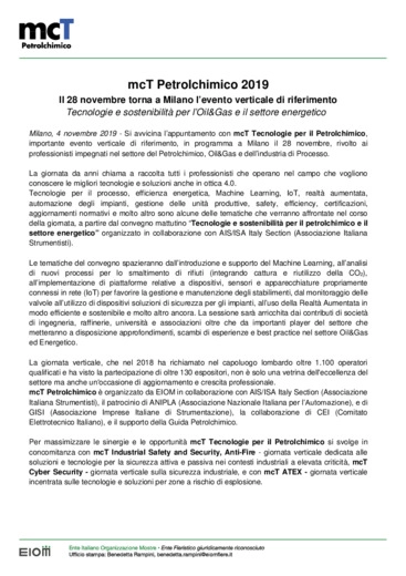 mcT Petrolchimico 2019 - Il 28 novembre torna a Milano l'evento verticale di riferimento.