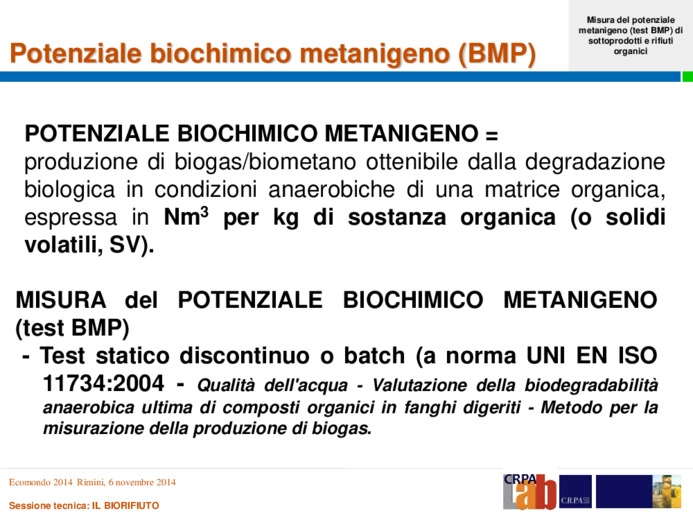 Misura del potenziale metanigeno(test BMP) di sottoprodotti e rifiuti organici