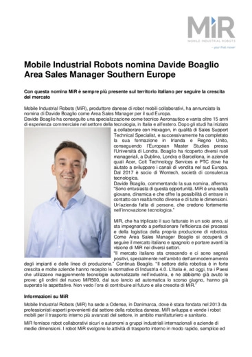 Mobile Industrial Robots nomina Davide Boaglio Area Sales Manager Southern Europe