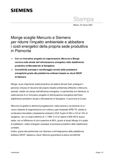 Monge sceglie Mercurio e Siemens per ridurre l'impatto ambientale e abbattere i costi energetici della propria sede