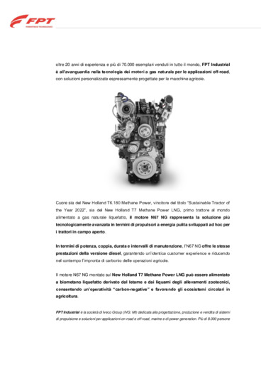 Motore N67 NG di FPT Industrial per il primo prototipo al mondo di trattore alimentato a gas naturale liquefatto