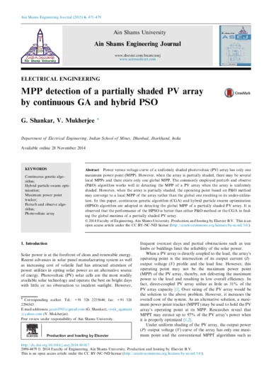 MPP detection of a partially shaded PV array by continuous
