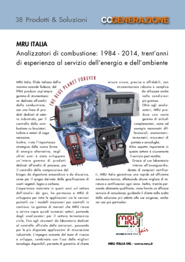 MRU ITALIA. Analizzatori di combustione: 1984 - 2014, trentanni di esperienza al servizio dellenergia e dellambiente