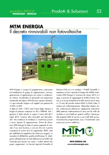 MTM Energia. Il decreto rinnovabili non fotovoltaiche. L'esempio della Societ Agricola Forestello