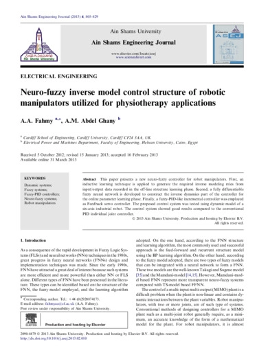 Neuro-fuzzy inverse model control structure of robotic manipulators utilized for physiotherapy applications