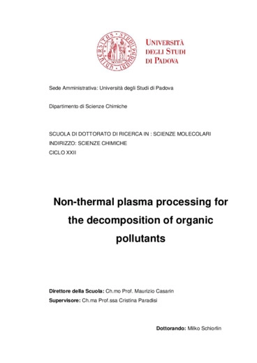 Non-thermal plasma processing for the decomposition of organic pollutants