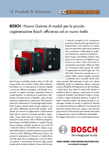 Nuova gamma di moduli per la piccola cogenerazione Bosch: efficienza ad un nuovo livello